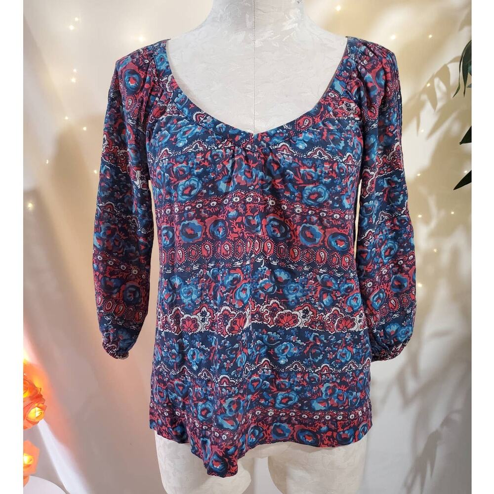 Lucky Brand Boho Paisley Red White Blue Patriotic Blouse Womens Size XS Top